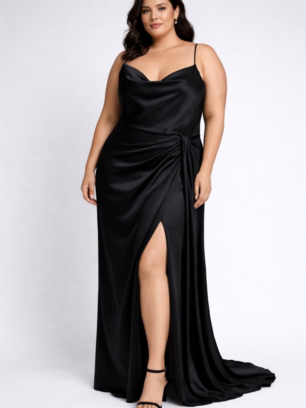 Monique Lhuillier Collection Black Satin Cowl Neck Long Gown Draped Slit Train‎